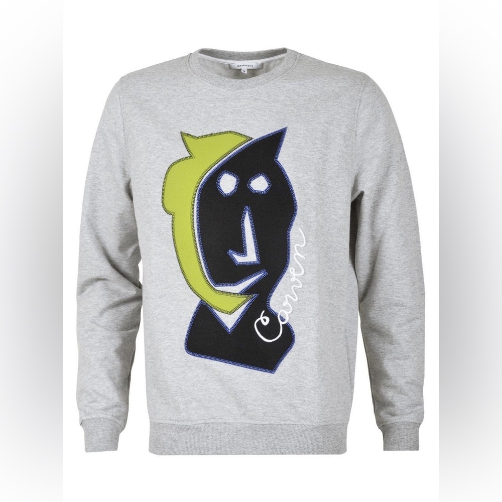 $650 Carven Mottled Grey Molleton Vallauris Embroidered Sweatshirt Fleece Mask L